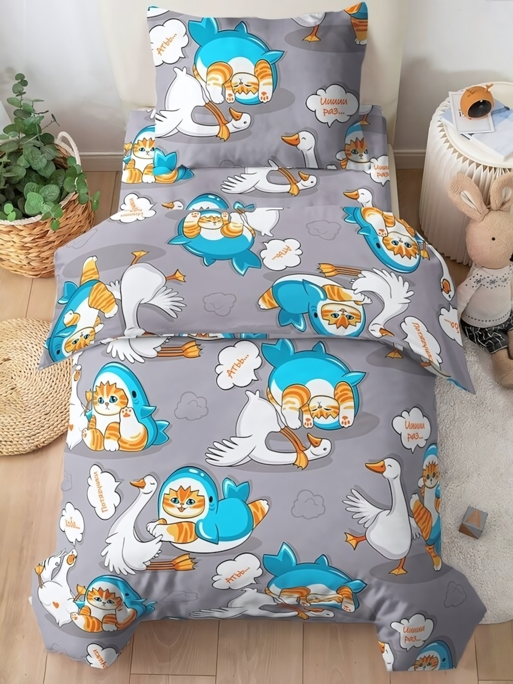 Постельное белье 1,5 бязь Павлинка Кот и гусь с 1 нав. 70*70