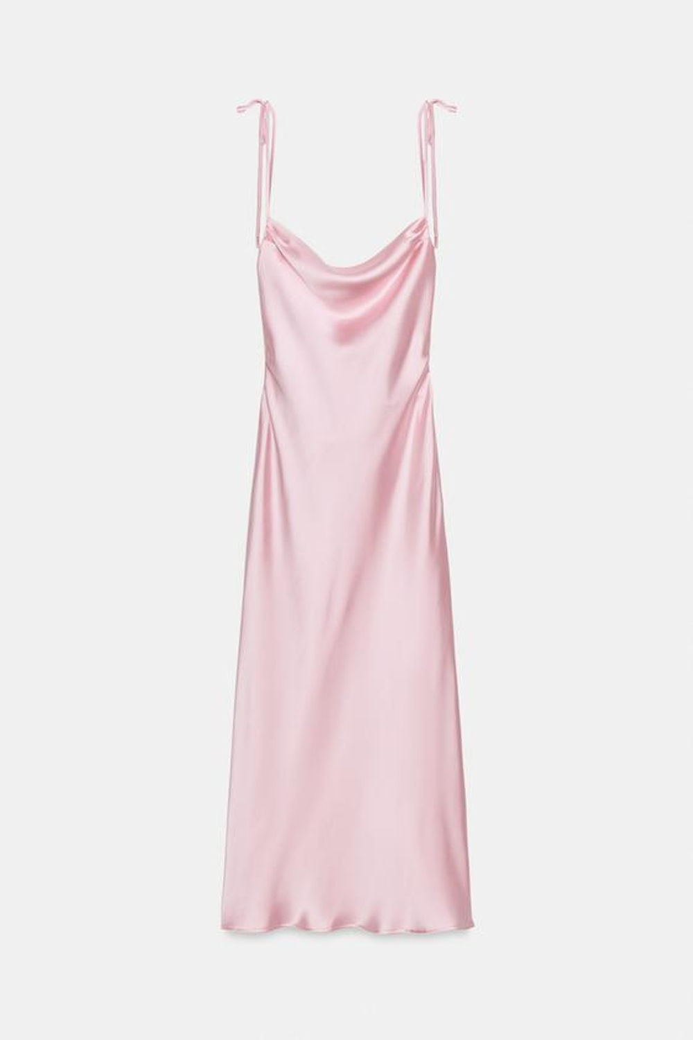 ZARA АТЛАСНОЕ ПЛАТЬЕ МИДИ НА БРЕТЕЛЯХ С БАНТАМИ, РОЗОВЫЙ