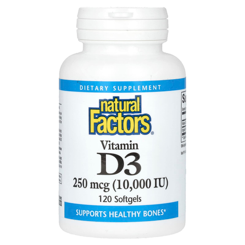 Natural Factors, витамин D3, 250 мкг (10 000 МЕ), 120 мягких таблеток