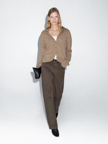 Massimo Dutti Кардиган с воротником-стойкой из 100% шерсти, зеленоватый