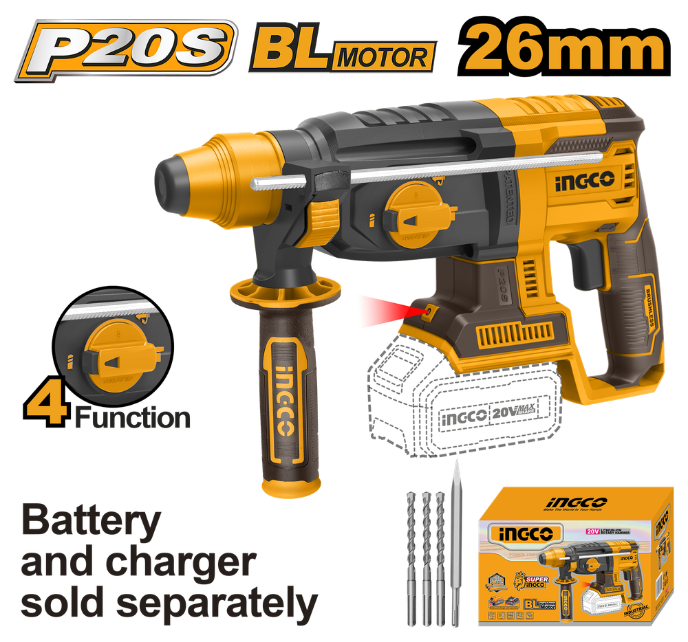 Аккумуляторный бесщеточный перфоратор SDS-Plus INGCO CRHLI20228 INDUSTRIAL 20 В 2 Дж