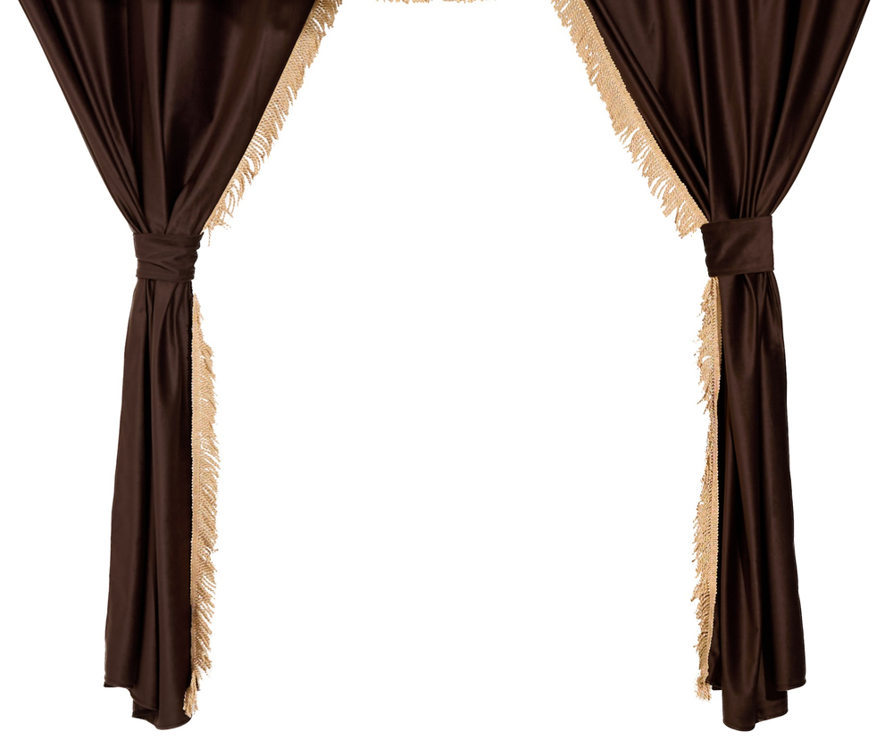 Шторы спального места с прихватами в кабину Volvo, Scania, MAN, DAF, Merc, Камаз, Sitrak, Shacman, Foton, FAW. Высота 1,5м, ширина одной стороны - 1,15м. Блэкаут, велюр. Коричневый цвет с бежевой бахромой