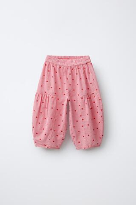 ZARA БРЮКИ-БАЛЛОН В КЛЕТКУ С ВЫШИВКОЙ В ВИДЕ СЕРДЕЦ, КРАСНОВАТЫЙ