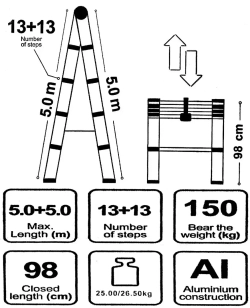Стремянка телескопическая алюм. бытовая 5.0м (13+13 ступ.) Scheppach Sch-UP500-2