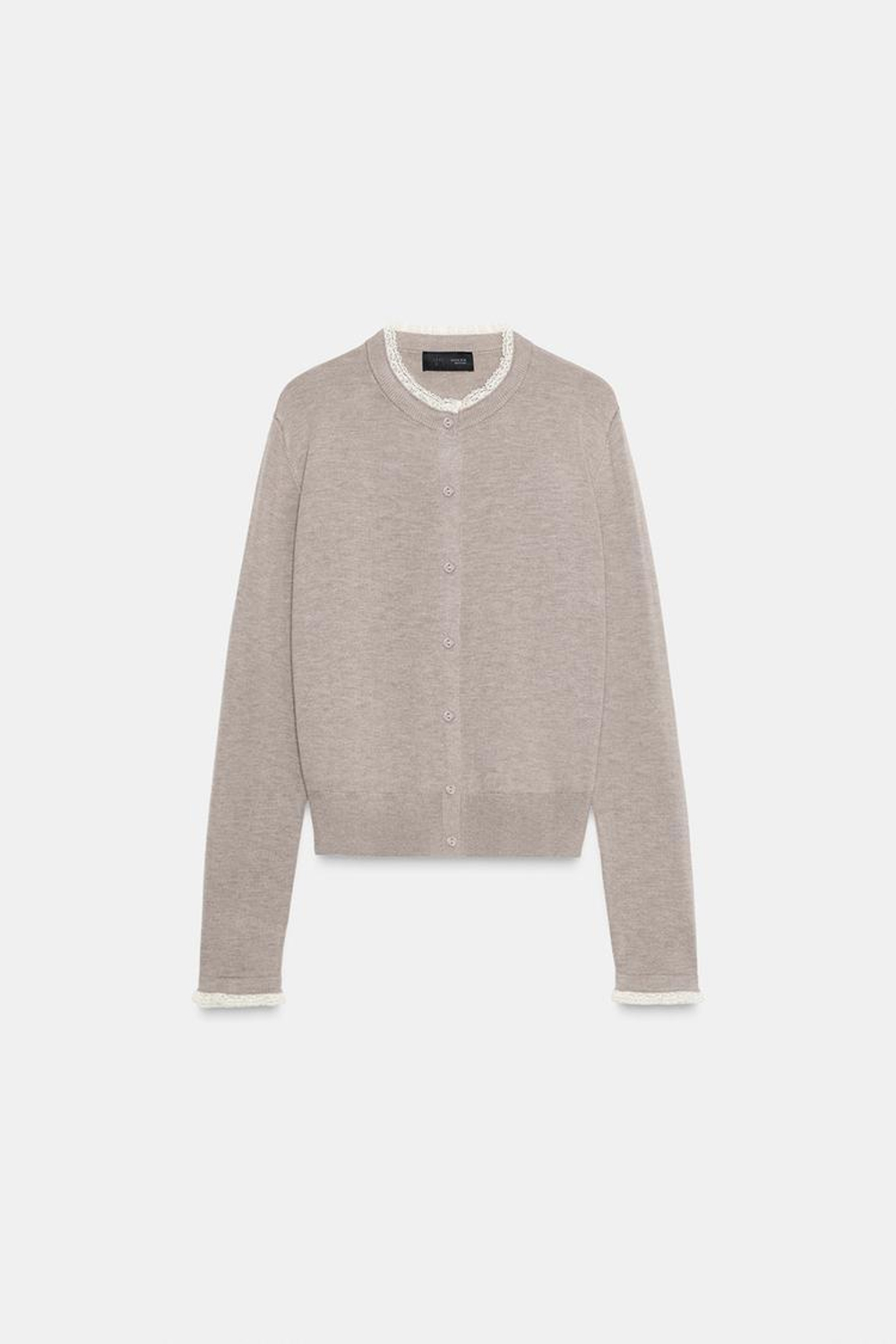 ZARА КАРДИГАН С КОМБИНИРОВАННОЙ КРУЖЕВНОЙ ОТДЕЛКОЙ, СЕРО-КОРИЧНЕВЫЙ