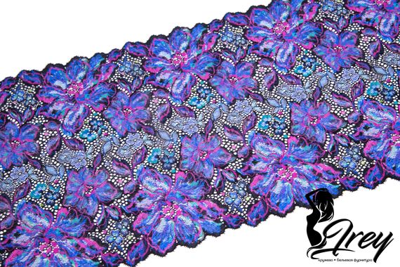 03-242 ОПТ Кружево эластичное 23 см, Pandora, т.синий/ультрамарин/лиловый