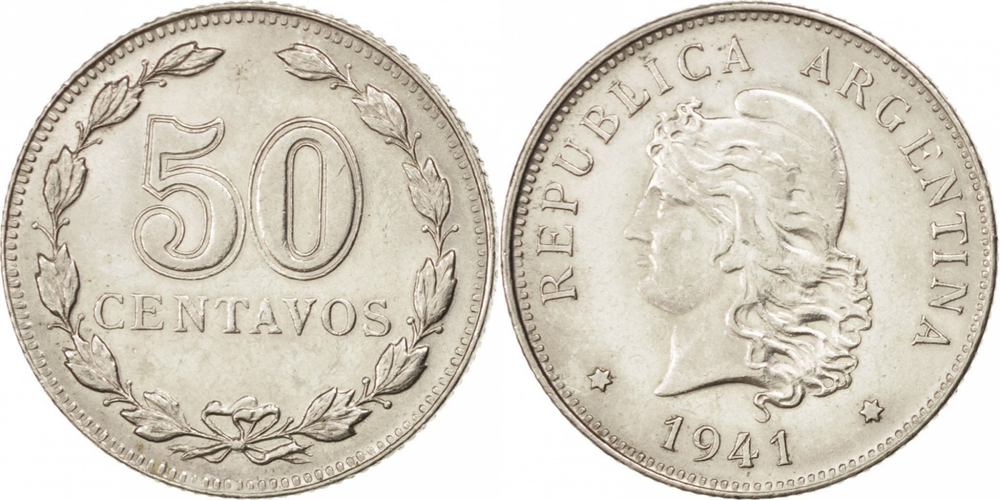 Аргентина 50 сентаво, 1941 Свобода XF