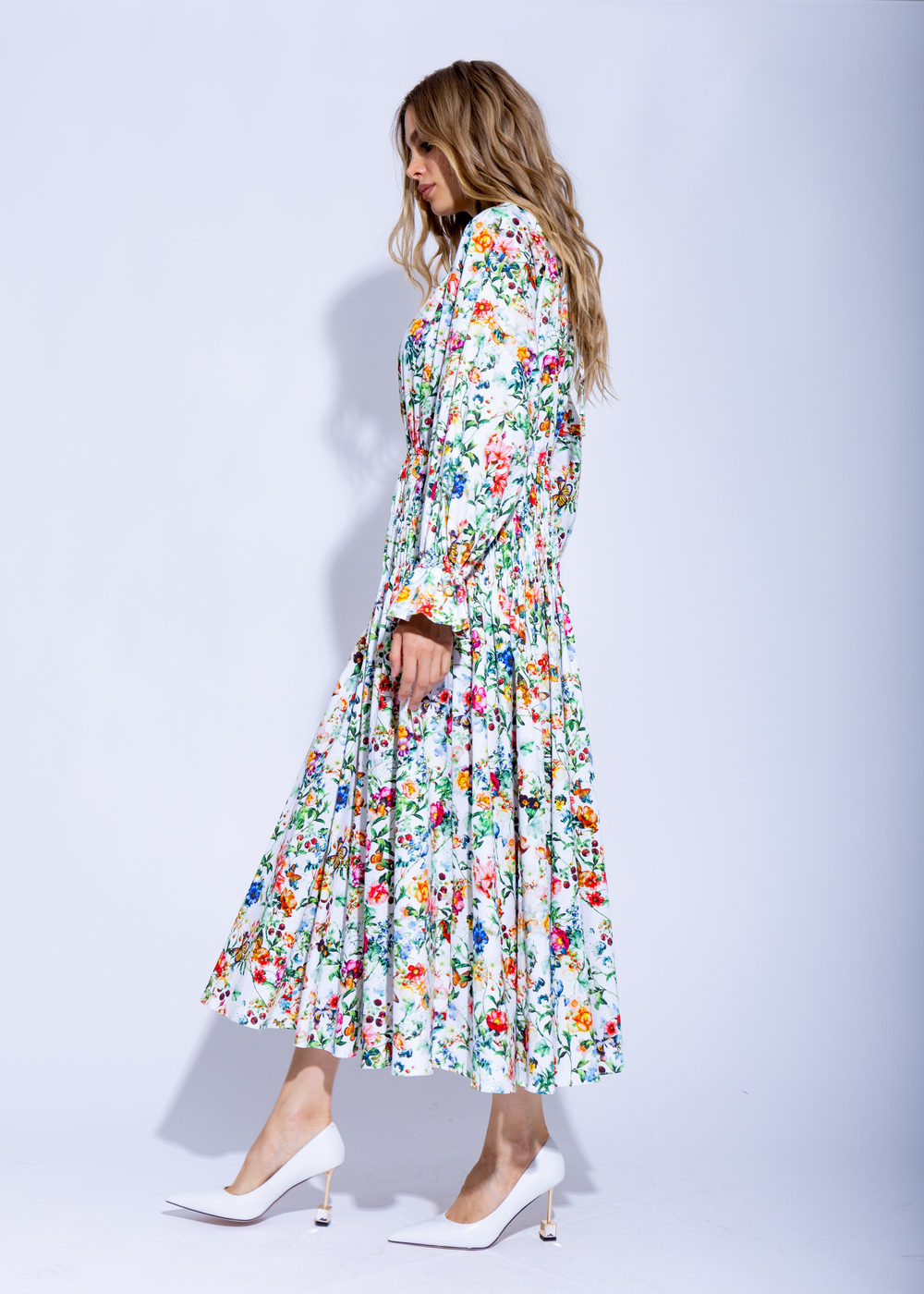 Женское платье миди с длинным рукавом в цветочный принт