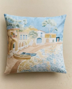 ZARA HOME НАВОЛОЧКА ДЛЯ ДЕКОРАТИВНОЙ ПОДУШКИ С ПРИНТОМ «ПЕЙЗАЖ», СИНИЙ