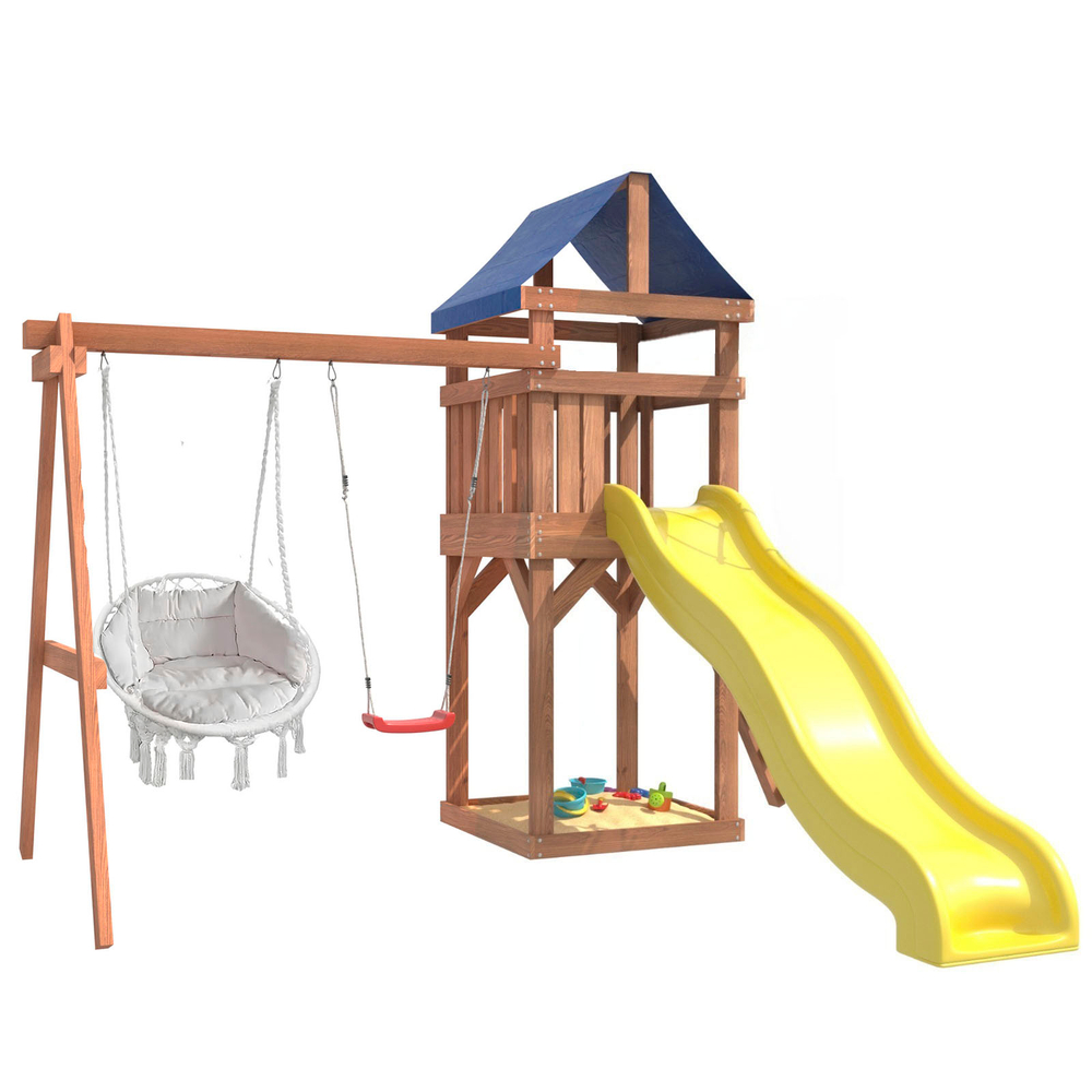 Детская площадка Сlassic с качелями лодочка и подвесным креслом с подушкой IgroWoods для улицы и дачи