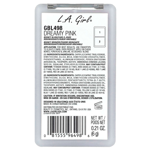 L.A. Girl, On Облако Nine, упругие румяна и бронзер, GBL498 Dreamy Pink, 6 г (0,21 унции)