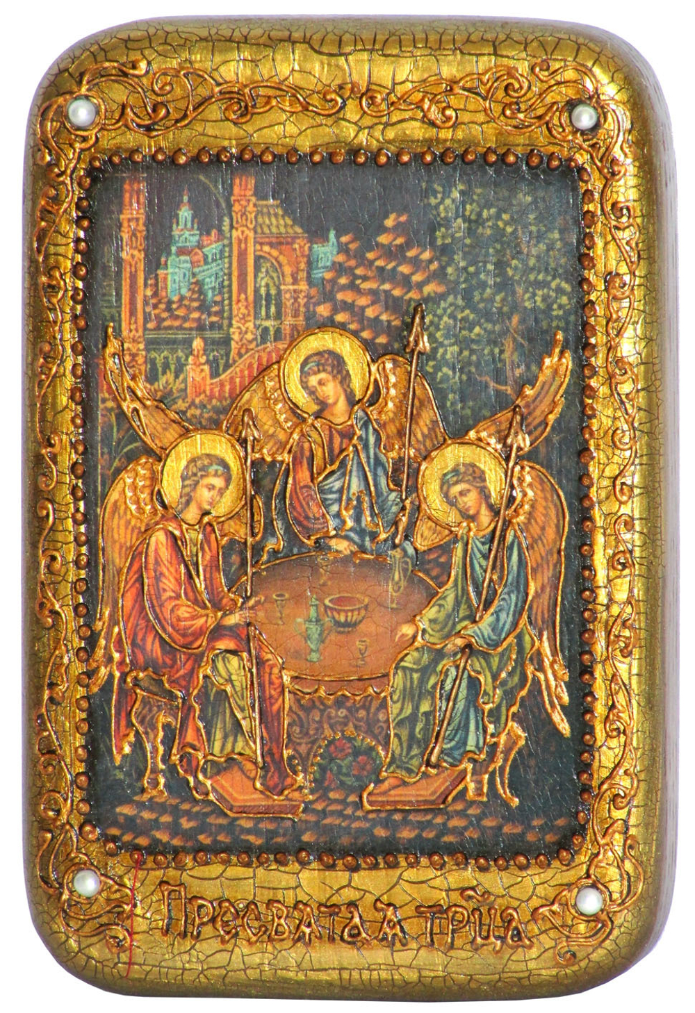 Инкрустированная Икона Троица 15х10см на натуральном дереве, в подарочной коробке