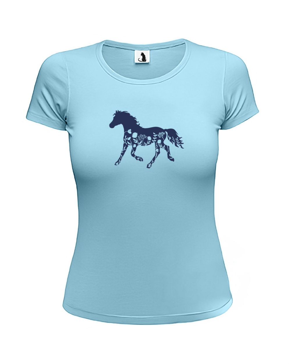 Футболка с лошадью и цветами женская приталенная голубая с синим рисунком