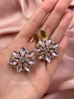 Накладка на пуговицу в форме цветка золотистые с розовыми стразами (клипсы)