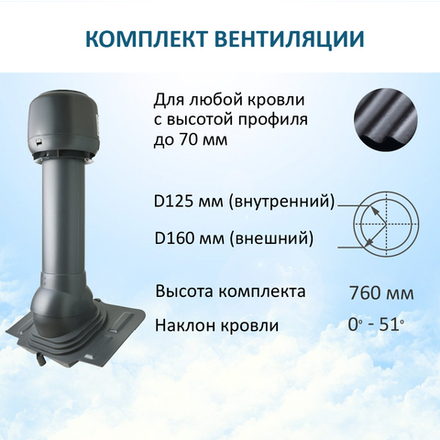 Комплект вентиляции: Колпак D160, вент. выход утепленный высотой Н-700, проходной элемент универсальный, серый