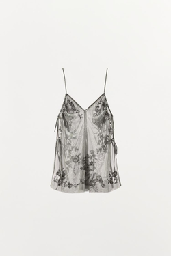 ZARA ТОП С ВЫШИВКОЙ И ПАЙЕТКАМИ, СВЕТЛО-СЕРЫЙ