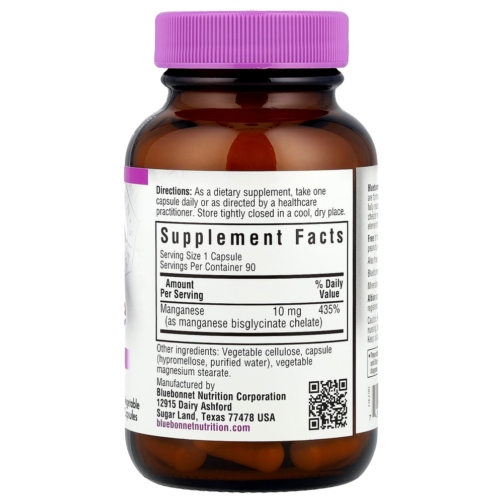 Bluebonnet Nutrition, хелатный марганец, 10 мг, 90 растительных капсул