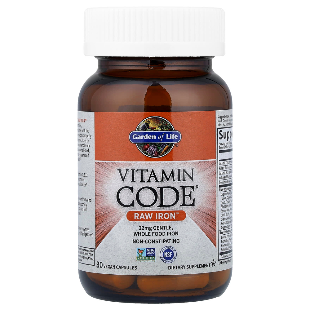 Garden of Life, Vitamin Code, необработанное железо, 30 веганских капсул