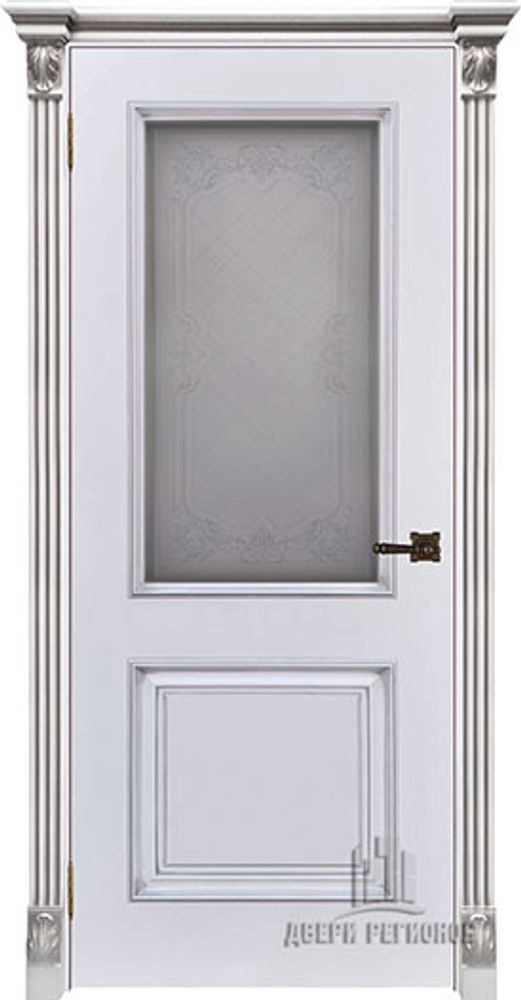 Дверь межкомнатная Итало (Багет 32) Патина серебро Эмаль белая Остекленная