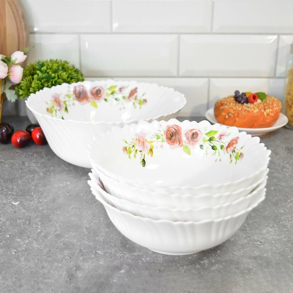 Набор салатников 5 предметов (700мл 18см 4шт, 1200мл 23см 1шт) "Роуз" стеклокерамика, Jewel