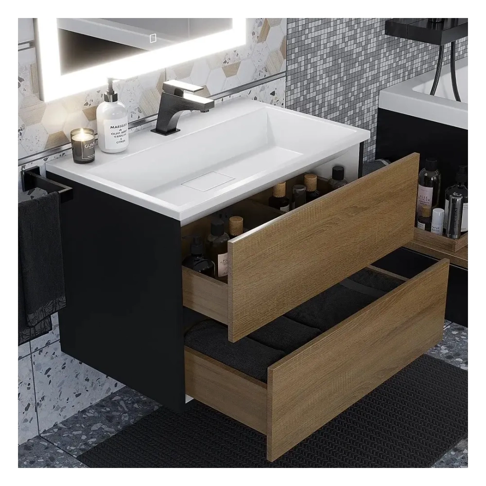 Тумба с раковиной Uperwood Barsa 70 см, раковина белая, подвесная тумба черная/дуб сонома