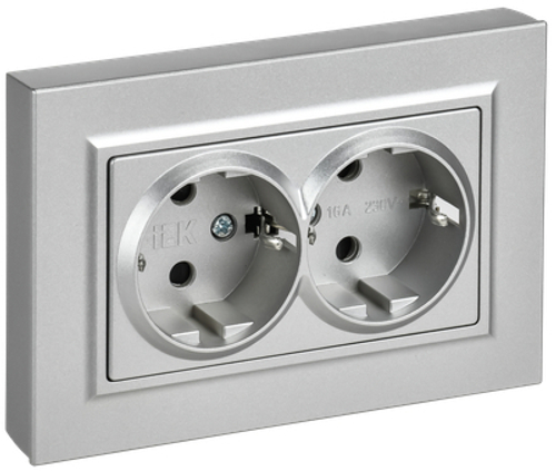 BRITE Розетка 2-местная с заземлением с защитными шторками плоская 16А в сборе РСшПл12-3-БрА алюминий IEK