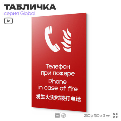 Табличка Место размещения средств противопожарной защиты, на дверь и стену, информационная и мультиязычная (русский, английский, китайский), серия GLOBAL, 25х15 см, Айдентика Технолоджи