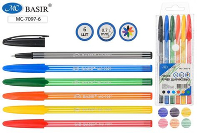 Набор ручек шарик. 6цв. 0,7мм. цветной корпус (Basir)
