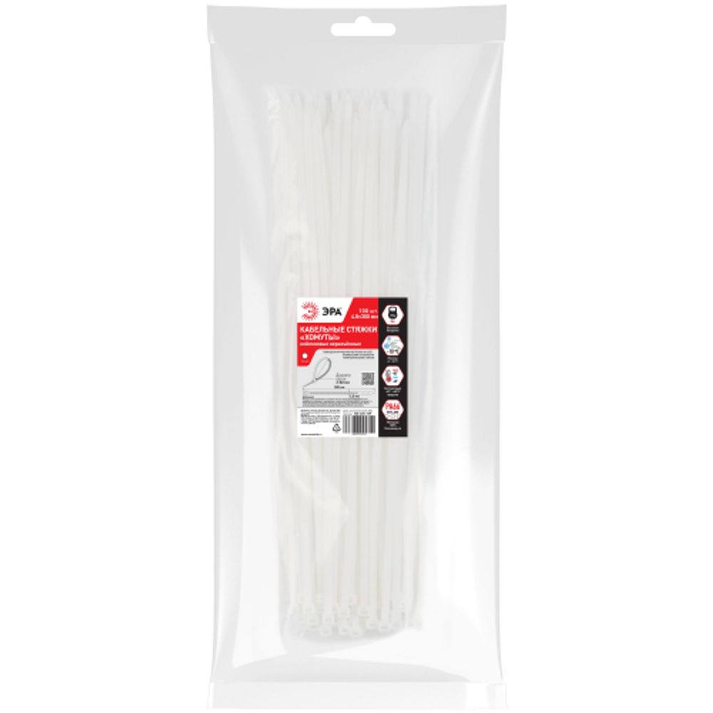 Кабельная стяжка ЭРА NO-225-159 (хомут) нейлоновая 4.8 х 300 мм белая (100 шт/уп) | Кабельные стяжки (хомуты)
