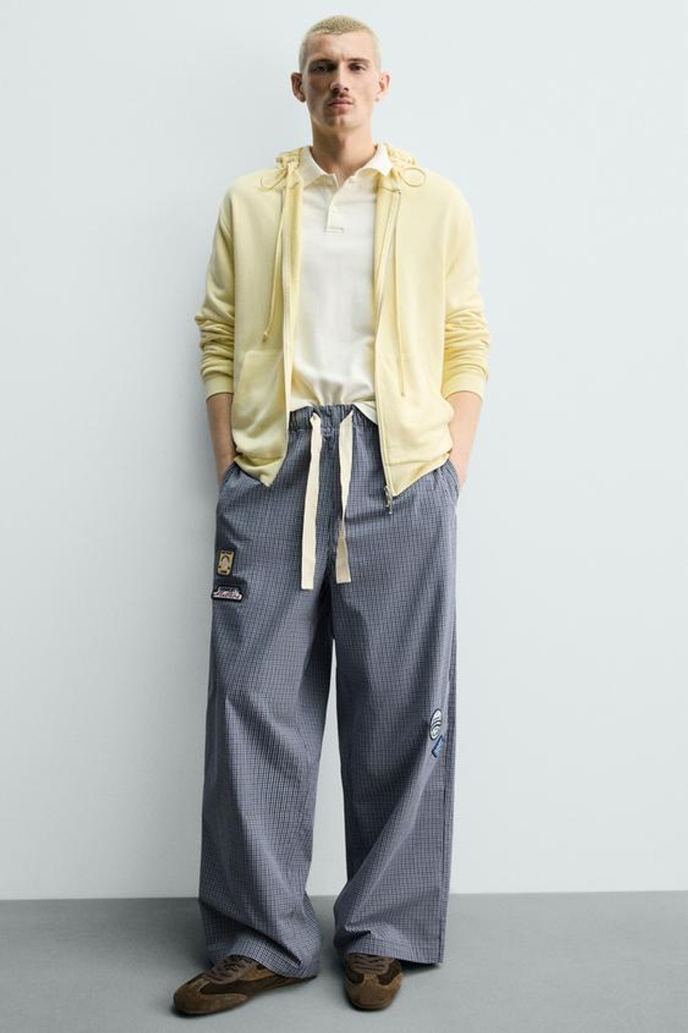 ZARA БРЮКИ RELAXED FIT В КЛЕТКУ С НАШИВКАМИ, МОРСКОЙ СИНИЙ