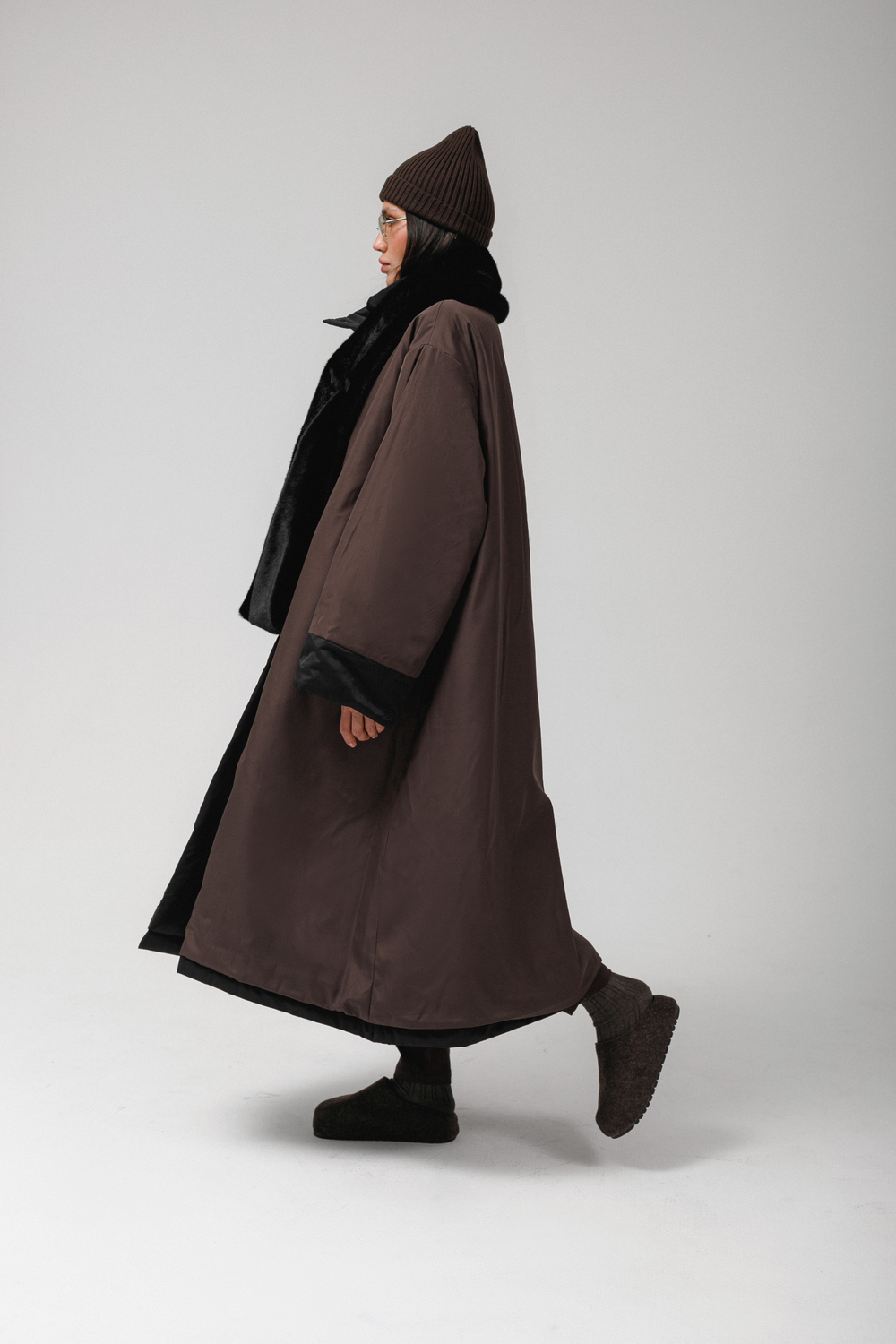 Плащ MAXI DOUBLE утепленный (черный/шоколад)