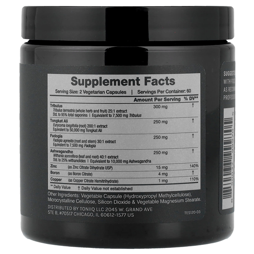 Toniiq, поддержка тестостерона, 120 капсул