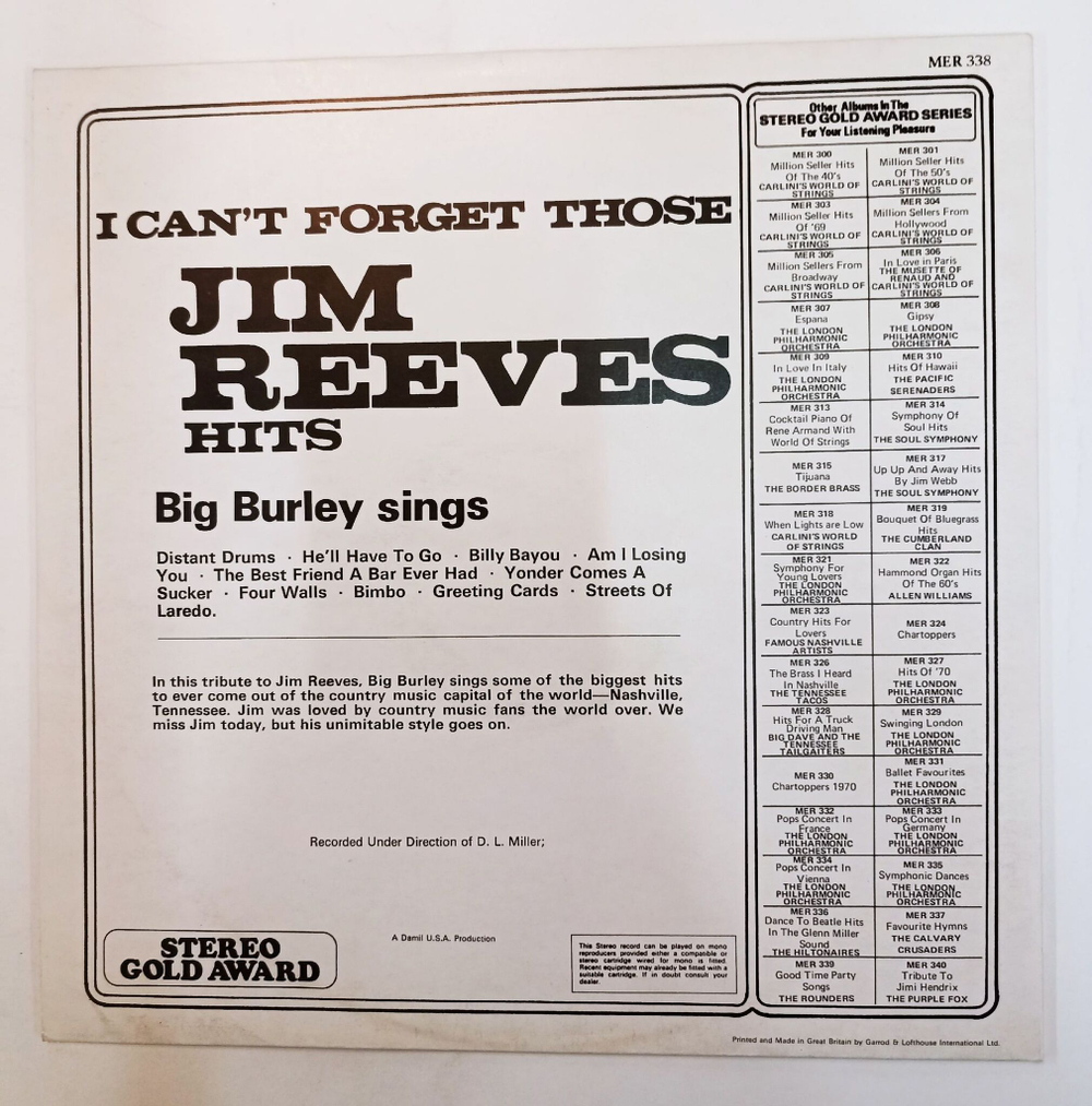 Винтажная виниловая пластинка LP Big Burley I Cant Forget Those Jim Reeves Hits (UK 1971)