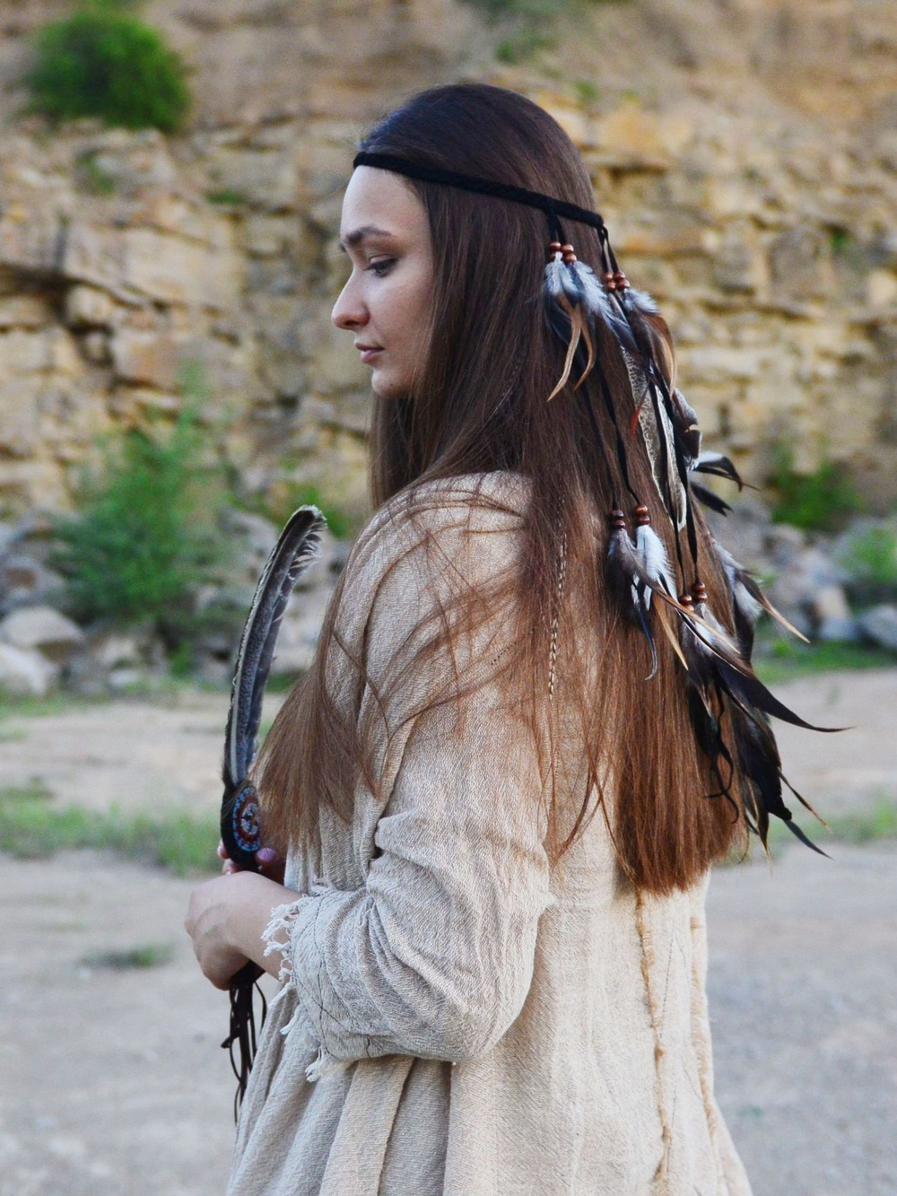 Бохо-повязка на голову с перьями