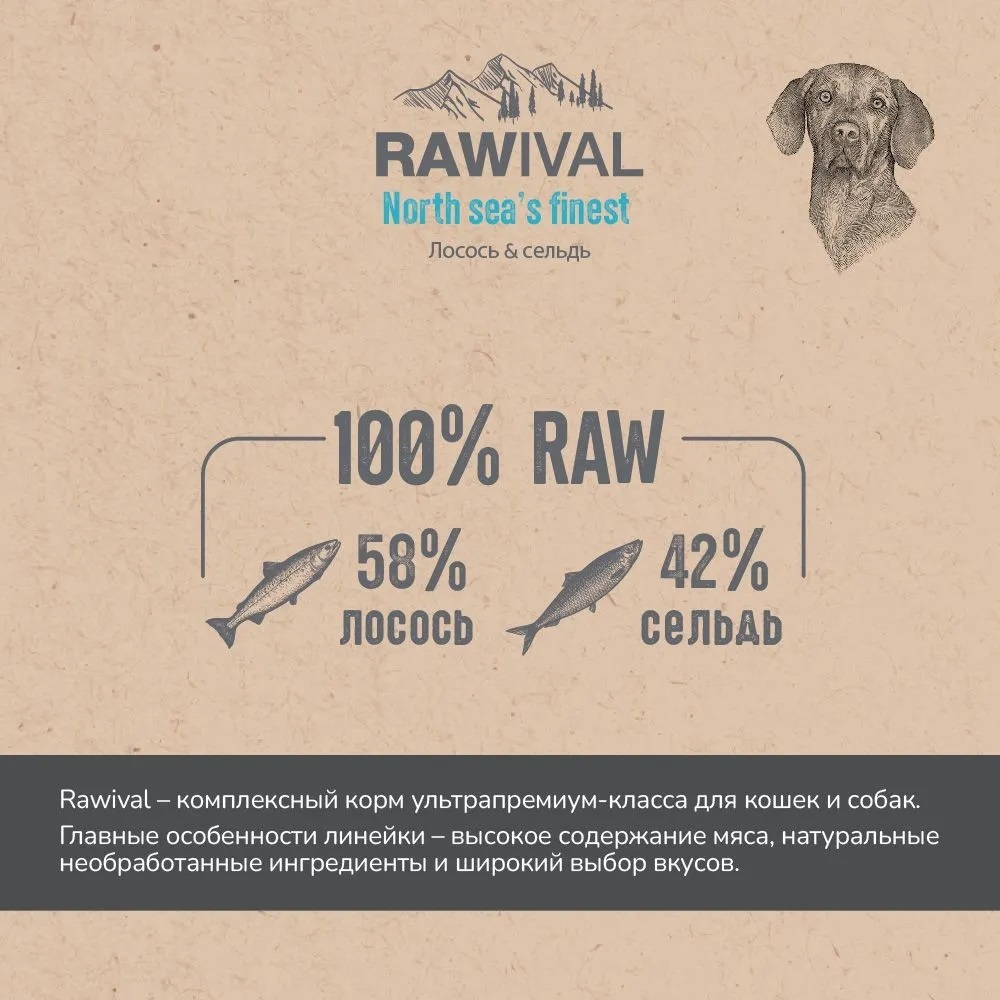Сухой корм RAWIVAL для собак средних и крупных пород с лососем и сельдью - 0,75 кг