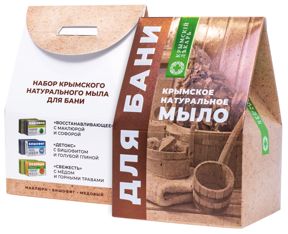 Подарочный набор мыла "Домик" для бани (Восстанавливающее с маклюрой, Детокс с бишофитом, Свежесть с медом), 300 г (4,1 б) (2)