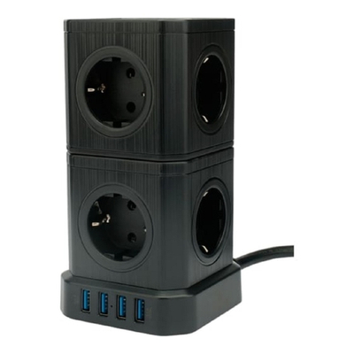 Cablexpert Сетевой фильтр Tower TWR-9-U4-B-2 (9р, 16А, 4 х USB, 3.1А, 2м, ур.защиты 4+) черный, коробка