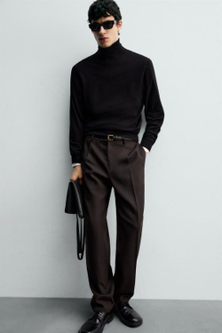 ZARA БРЮКИ ИЗ 100% ШЕРСТИ С ЗАЩИПАМИ, КОРИЧНЕВЫЙ