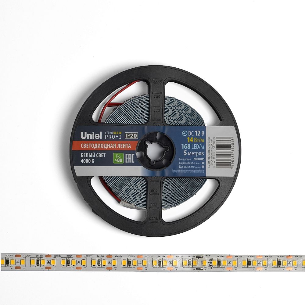 ULS-M14-2835-168LED-m-10mm-IP20-DC12V-14W-m-5M-4000K PROFI Гибкая светодиодная лента на самоклеящейся основе. Катушка 5м. в герметичной упаковке. Белый свет4000К. ТМ Uniel.