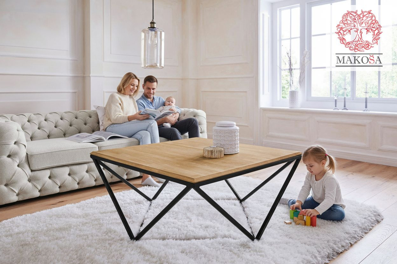 Стол журнальный 100х100х45, Детлиф, с металлическим подстольем, в стиле лофт, массив дуба, Dipriz