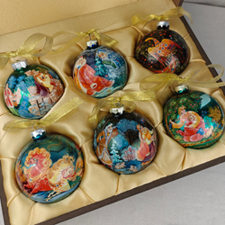 Сувенирный набор из 6-ти коллекционных ёлочных шаров " Сказки" с ручной росписью Палех
