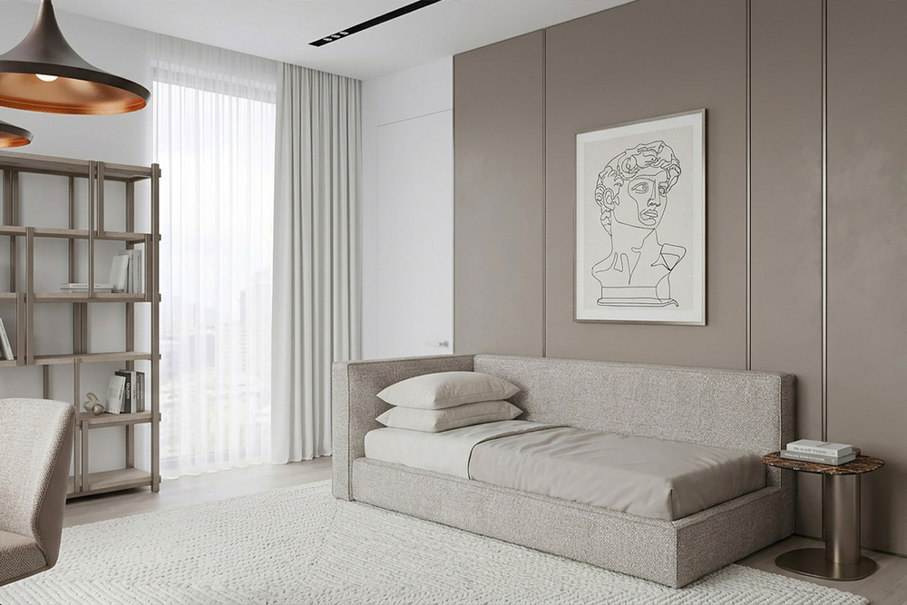 Кровать Garda Decor детская угловая Руна (Runa)-80 с мех шенилл серая Seppia-Ser 114*215*80 см