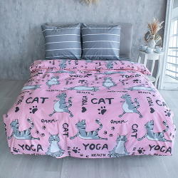 Комплект постельного белья Традиция 2,0 спальный с европростыней, поплин, Йога Кошки розовый