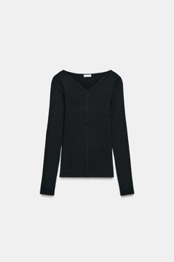 ZARA ФУТБОЛКА С V-ОБРАЗНЫМ ВЫРЕЗОМ, ЧЕРНЫЙ