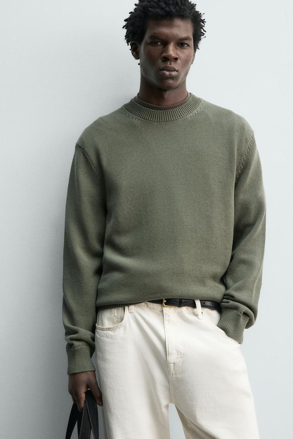 ZARA ХЛОПКОВЫЙ СВИТЕР КЛАССИЧЕСКОГО КРОЯ, ЗЕЛЕНЫЙ/СЕРЫЙ