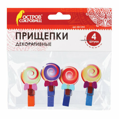 Прищепки декоративные, ЛЕДЕНЦЫ, 4шт., ассорти, ОСТРОВ СОКРОВИЩ И