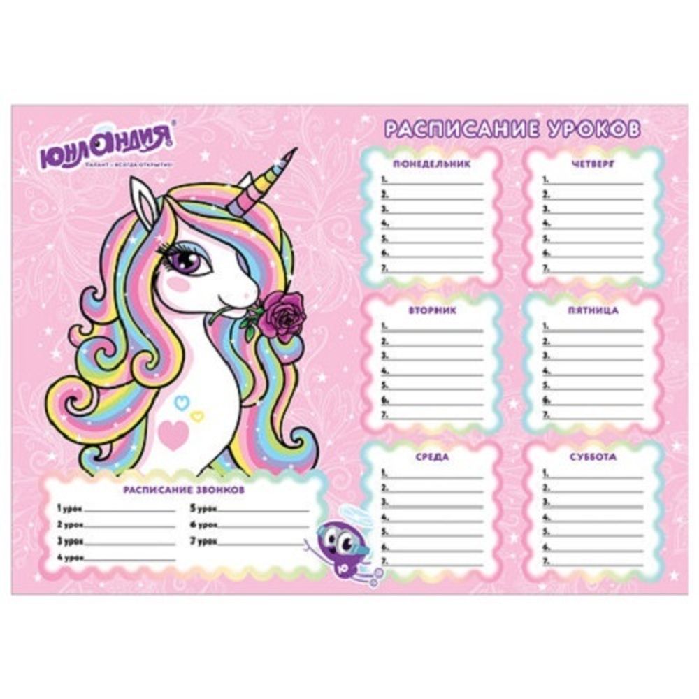 Расписание уроков А4, мелов.картон, девочки, ассорти, 4 вида, Юнландия