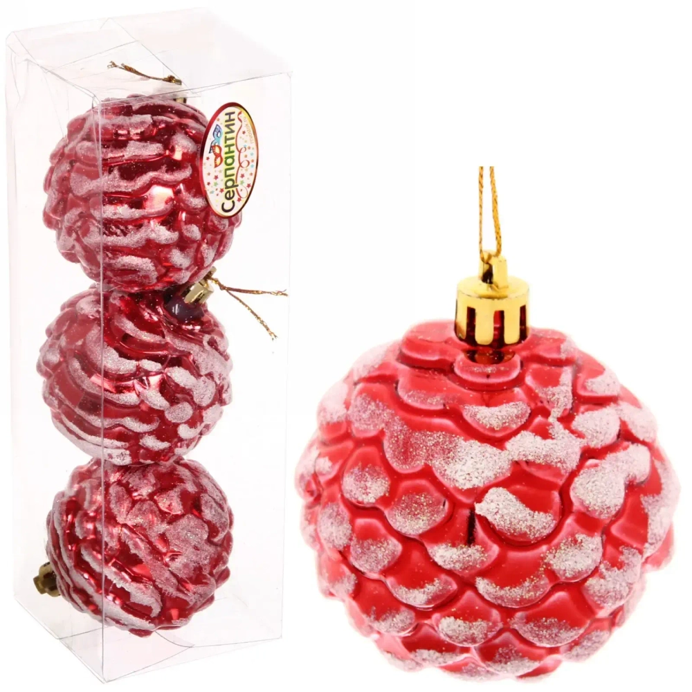 Ёлочные игрушки «Шишки нарядные» 6 см (набор 3 шт), красный/белый