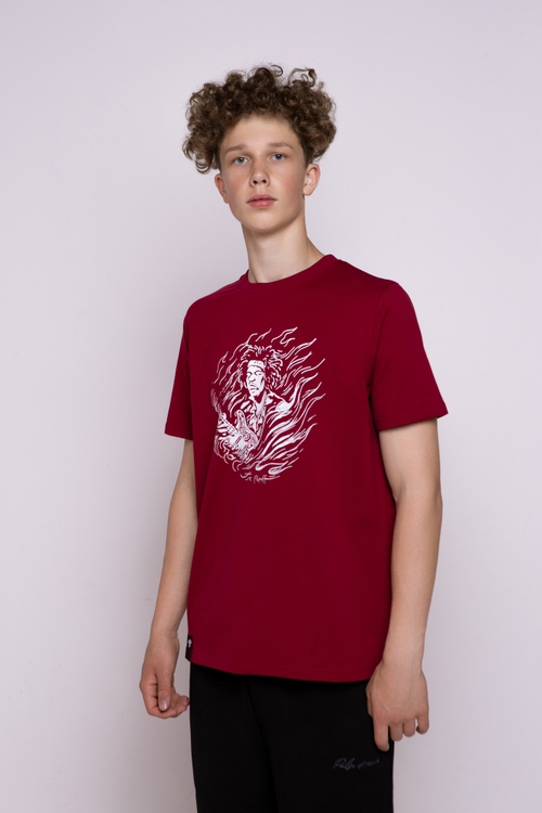 Футболка бордовая классическая с принтом "Jimi Hendrix. The guitarist"