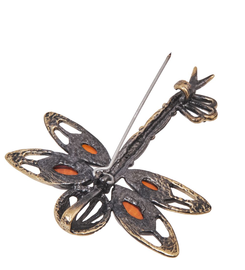 AM-4105 Брошь «Ключик Стрекоза» (латунь, янтарь)